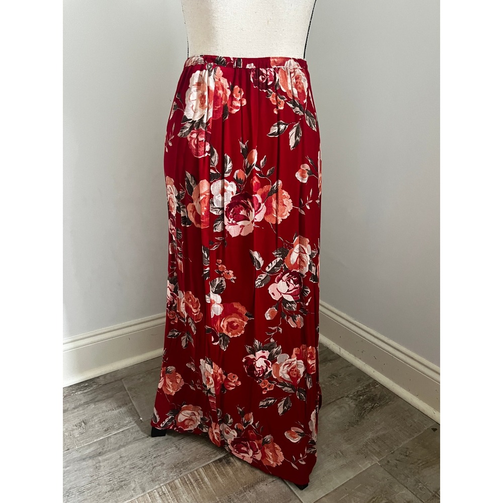 Vintage Red Floral Maxi Skirt sz Small 25 Coastal Chic Resort 80s Boho Romantic - Picture 4 of 10